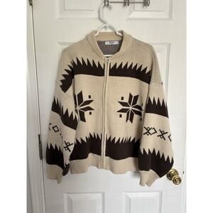 Grey Bandit Jackson Hole Zip Up Sweater Aztec Southwestern Womens Beige